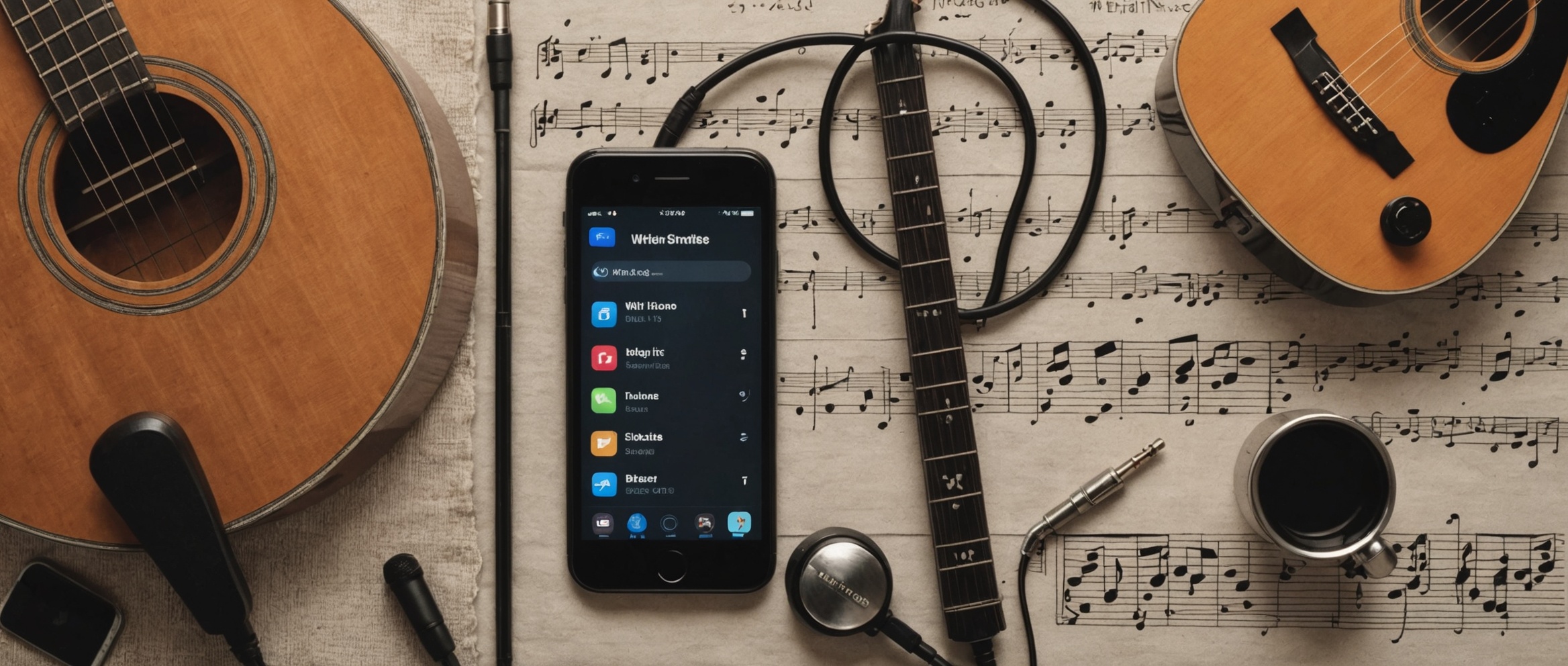 Художественное плоское изображение, на котором изображен iPhone рядом с различными музыкальными инструментами, такими как гитара, фортепианная клавиатура и микрофон.