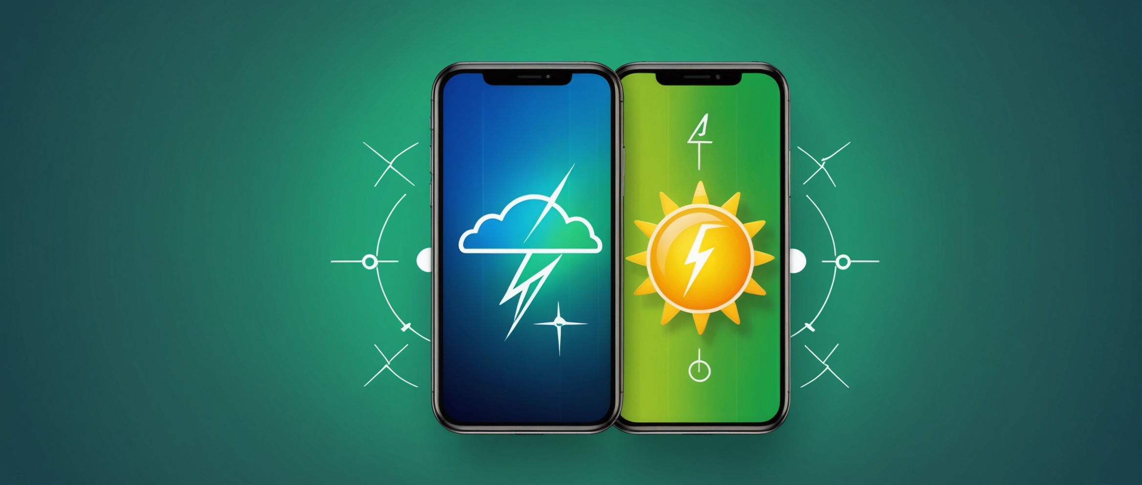 Художественное изображение значка батареи iPhone, творчески изображенное в форме батареи, окруженной элементами, символизирующими энергию, такими как светящееся солнце, молнии и ветряные турбины.