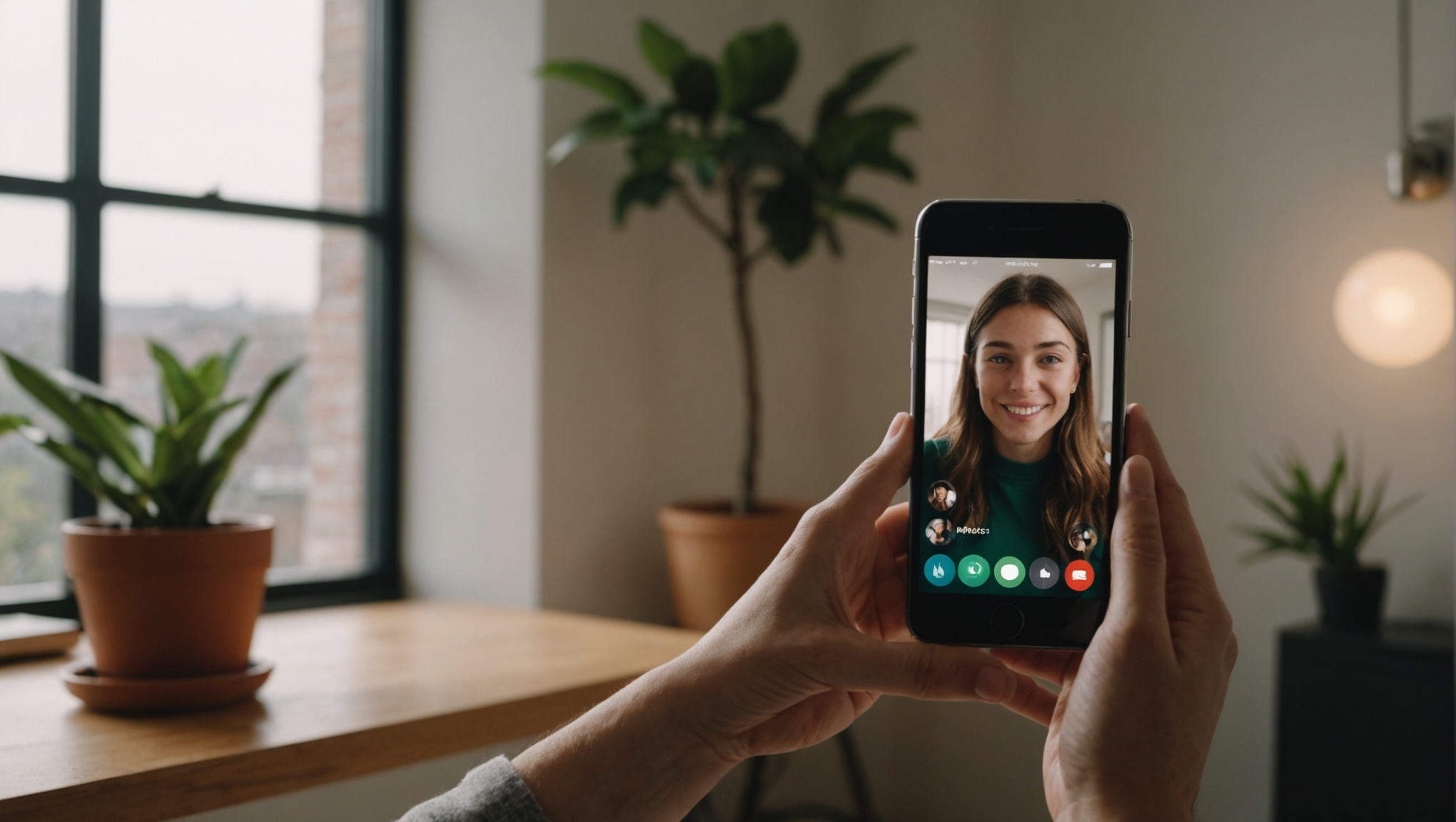 Видеозвонок: руки держат телефон с улыбающейся девушкой на экране, на фоне комнаты с растениями.