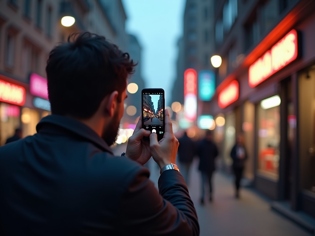 Мужчина фотографирует ночной город на смартфон в оживленной улице с неоновыми вывесками.