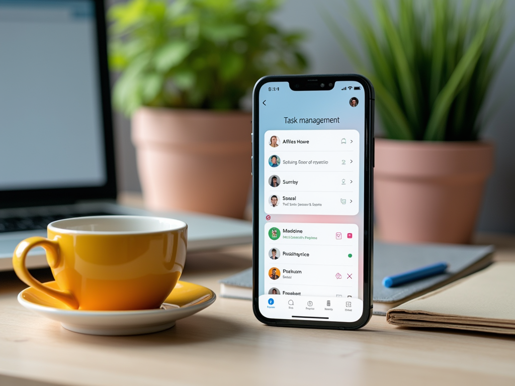 Мобильный телефон с приложением для управления задачами на экране, оранжевая чашка и ноутбук на столе.