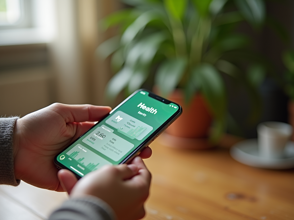 Руки человека держат смартфон с приложением для здоровья на экране, растения и чашка на заднем фоне.