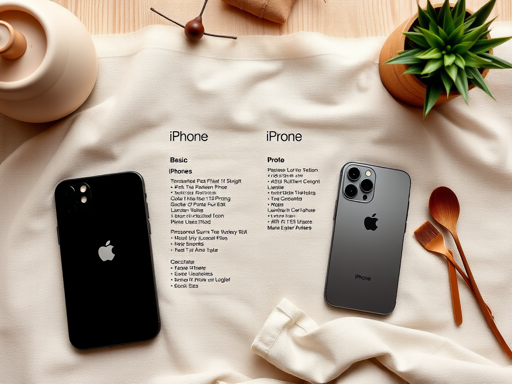 Два iPhone на столе: один основная модель, другой — Pro. Рядом аксессуары и растение в горшке.
