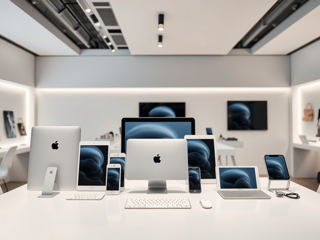 В магазине представлены различные устройства Apple: компьютеры, планшеты и смартфоны на белом столе.
